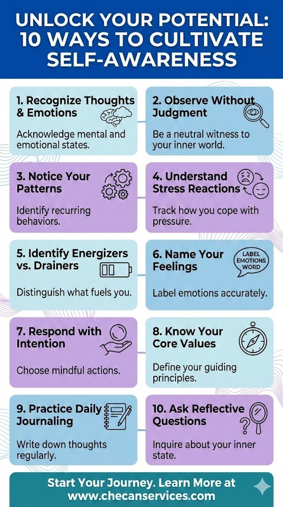 Infographic titled “Unlock Your Potential: 10 Ways to Cultivate Self-Awareness” outlining ten self-awareness practices such as recognizing thoughts and emotions, observing without judgment, identifying patterns, naming feelings, journaling, and clarifying core values.