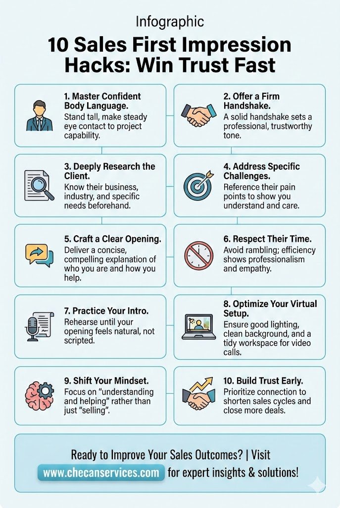 Infographic listing 10 sales first impression tips including confident body language, firm handshake, client research, clear opening, time management, and building trust early.