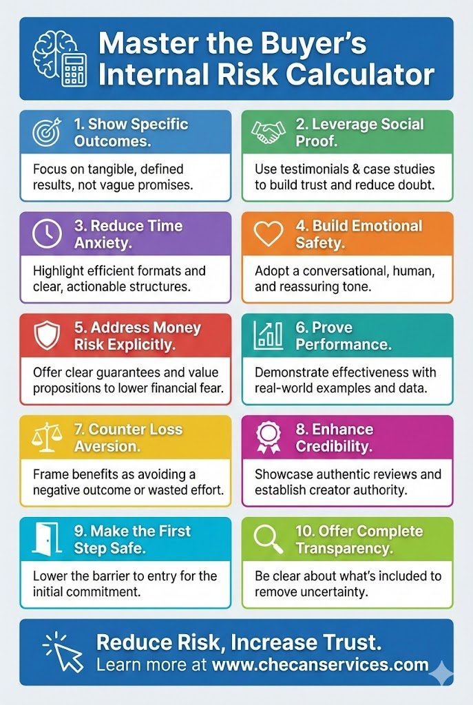 Infographic titled “Master the Buyer’s Internal Risk Calculator” outlining 10 strategies to reduce buyer risk and increase trust, including social proof, emotional safety, transparency, and guarantees.