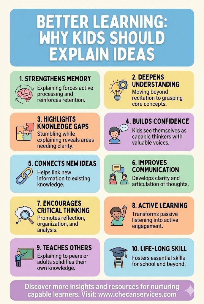 Infographic showing why kids should explain ideas to improve memory, understanding, confidence, communication, and critical thinking.