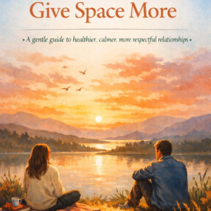 Illustrated ebook cover showing two people sitting peacefully apart beside a lake at sunset, symbolizing emotional space and calm connection in relationships.