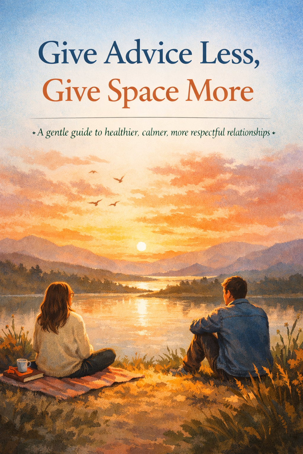 Illustrated ebook cover showing two people sitting peacefully apart beside a lake at sunset, symbolizing emotional space and calm connection in relationships.