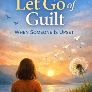 Illustrated book cover showing a woman standing on a grassy hill overlooking a lake at sunset, with mountains in the distance. Dandelion seeds and paper airplanes float into the sky, symbolizing release. The title “How to Let Go of Guilt When Someone Is Upset” and author name Louise Blount appear prominently above the scene.