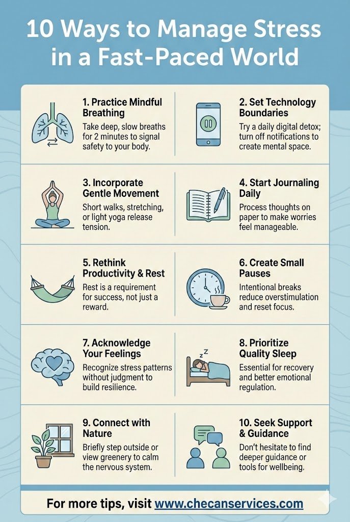 Infographic titled “10 Ways to Manage Stress in a Fast-Paced World” featuring stress management tips such as mindful breathing, setting technology boundaries, journaling, prioritizing sleep, and connecting with nature.