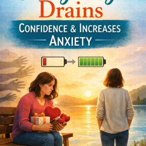 Illustrated self-help book cover showing a drained woman holding gifts on a bench with reaching hands behind her, contrasted with a second woman standing calmly by a lake at sunset, titled “Overgiving Drains Confidence & Increases Anxiety” by Louise Blount.