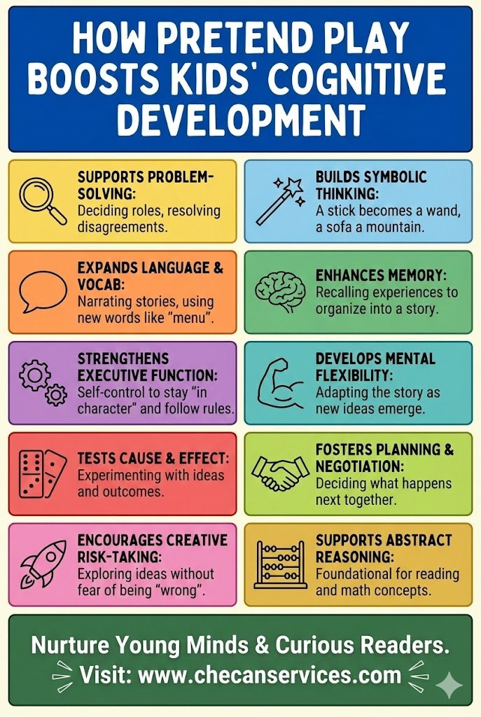 Infographic explaining how pretend play supports kids’ cognitive development, problem-solving, language, memory, and creativity.