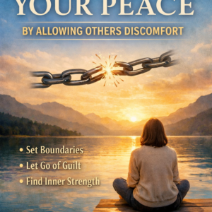 A serene book cover featuring a woman sitting cross-legged on a wooden dock overlooking a calm lake at sunset, with a broken chain in the sky symbolizing freedom. The title “Protect Your Peace by Allowing Others Discomfort” appears in bold lettering, and the author name Louise Blount is displayed at the bottom.