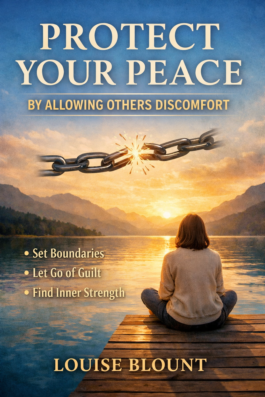 A serene book cover featuring a woman sitting cross-legged on a wooden dock overlooking a calm lake at sunset, with a broken chain in the sky symbolizing freedom. The title “Protect Your Peace by Allowing Others Discomfort” appears in bold lettering, and the author name Louise Blount is displayed at the bottom.