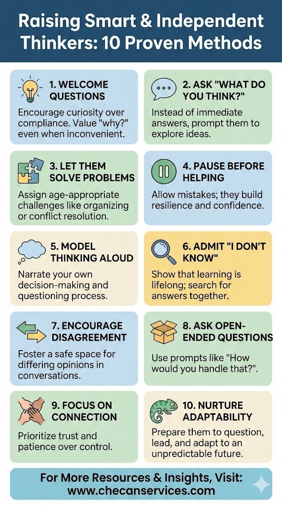 Infographic titled “Raising Smart & Independent Thinkers” outlining 10 proven parenting methods that build curiosity, problem-solving, adaptability, and independent thinking.