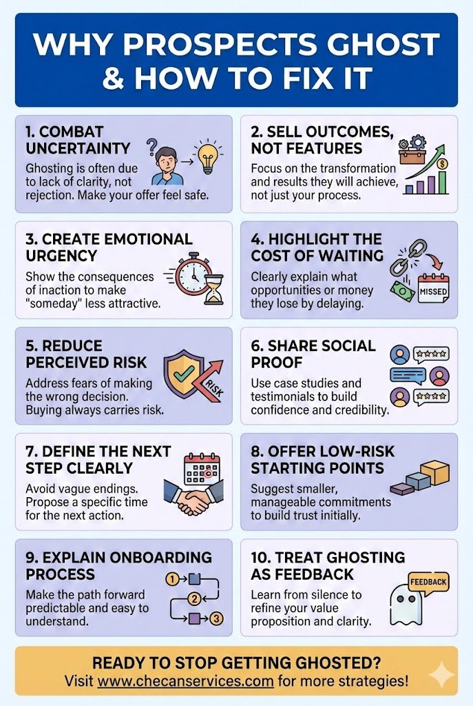 Infographic titled “Why Prospects Ghost & How to Fix It” outlining 10 strategies to prevent sales prospects from disengaging, including reducing risk, creating urgency, sharing social proof, and defining next steps.
