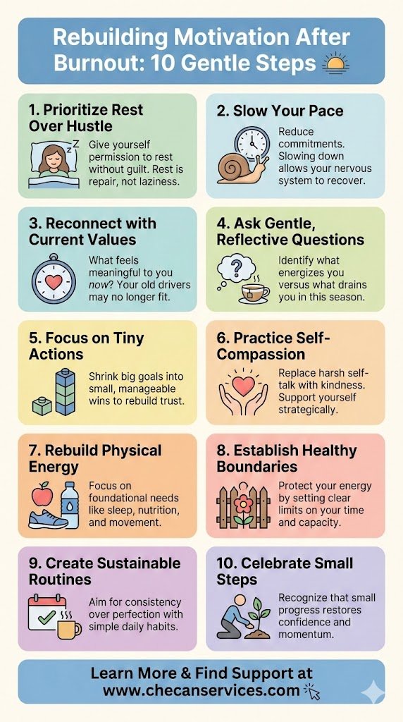 Infographic titled “Rebuilding Motivation After Burnout” showing 10 gentle steps for recovery, including rest, self-compassion, boundaries, and sustainable routines, with soft colors and calming icons.