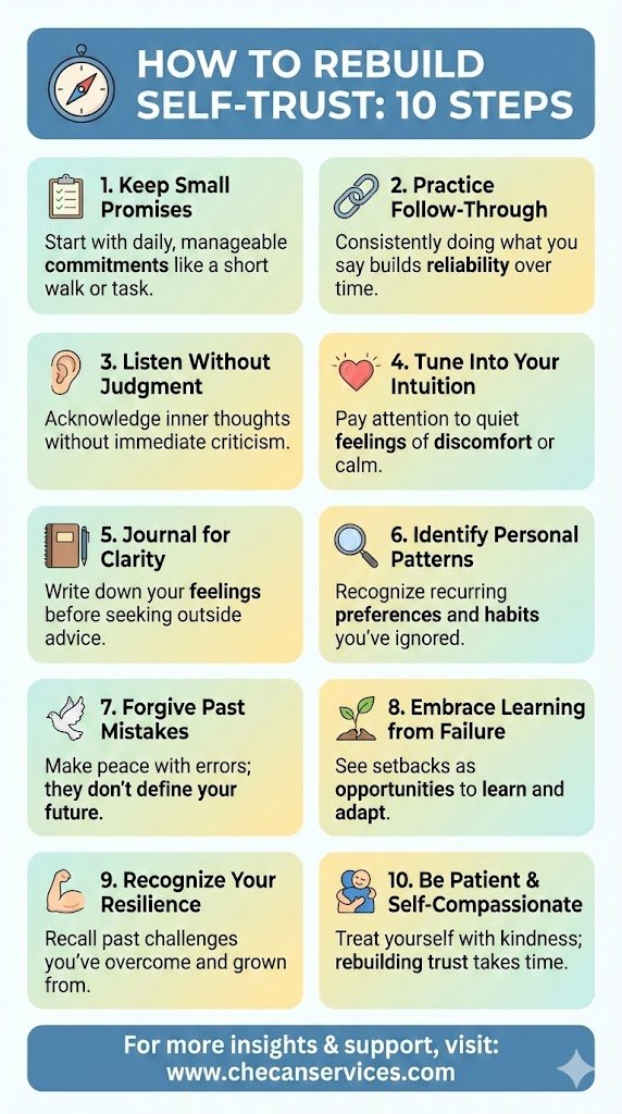 Infographic showing 10 steps to rebuild self-trust, including keeping small promises, practicing follow-through, listening without judgment, tuning into intuition, journaling, recognizing patterns, forgiving mistakes, learning from failure, recognizing resilience, and practicing patience and self-compassion.