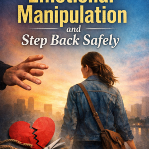 A woman in a denim jacket walks away from a reaching hand at sunset over a city skyline, with a broken red heart and scissors cutting a rope in the foreground. The title “Recognize Emotional Manipulation and Step Back Safely” appears in bold lettering above, and the author name Louise Blount is displayed at the bottom.