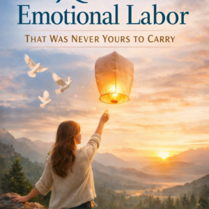 A woman standing on a mountain at sunset releases a glowing sky lantern into the air, symbolizing emotional freedom, with the book title “Release Emotional Labor That Was Never Yours to Carry” and the author name Louise Blount displayed above and below.