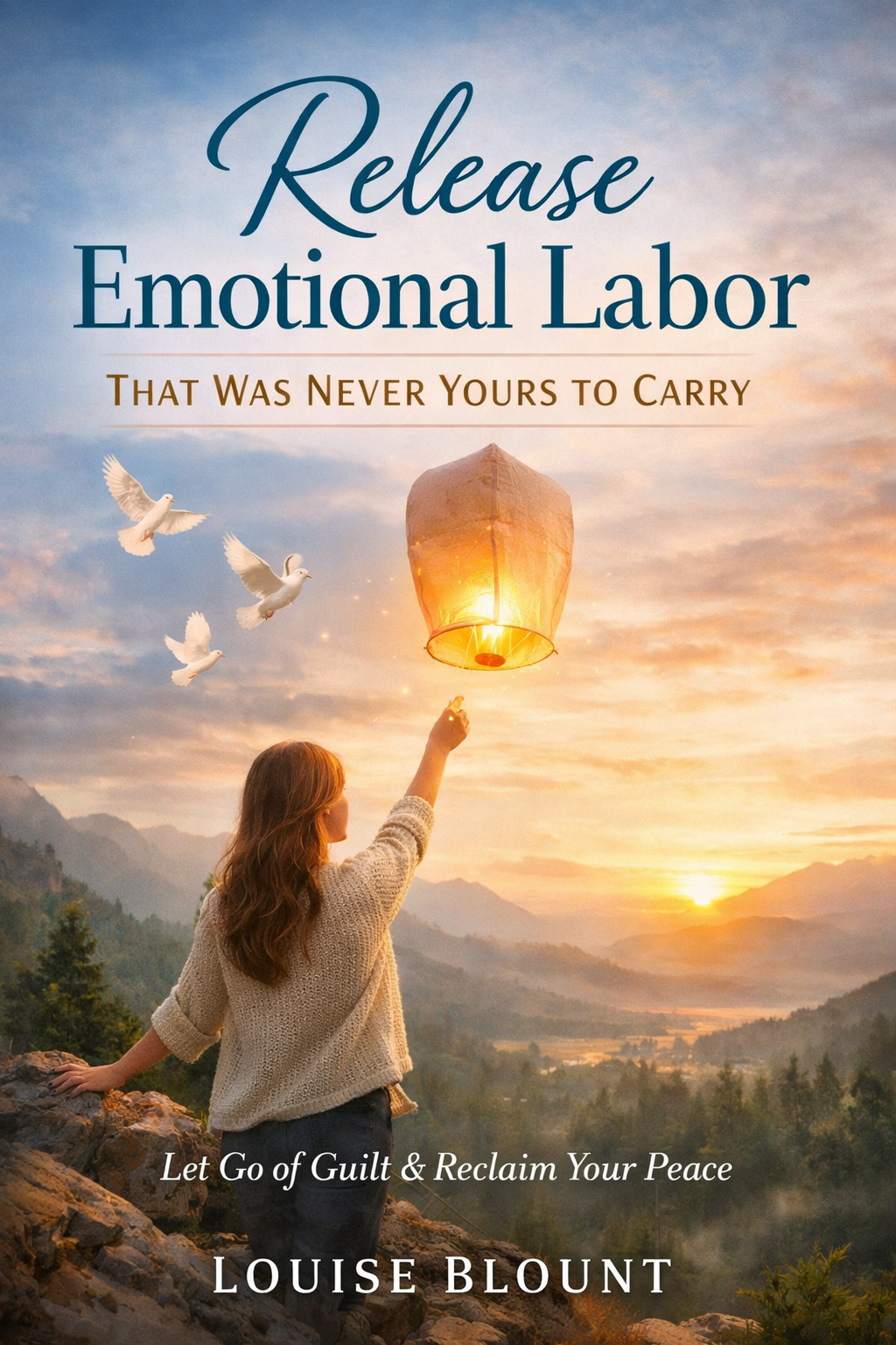 A woman standing on a mountain at sunset releases a glowing sky lantern into the air, symbolizing emotional freedom, with the book title “Release Emotional Labor That Was Never Yours to Carry” and the author name Louise Blount displayed above and below.