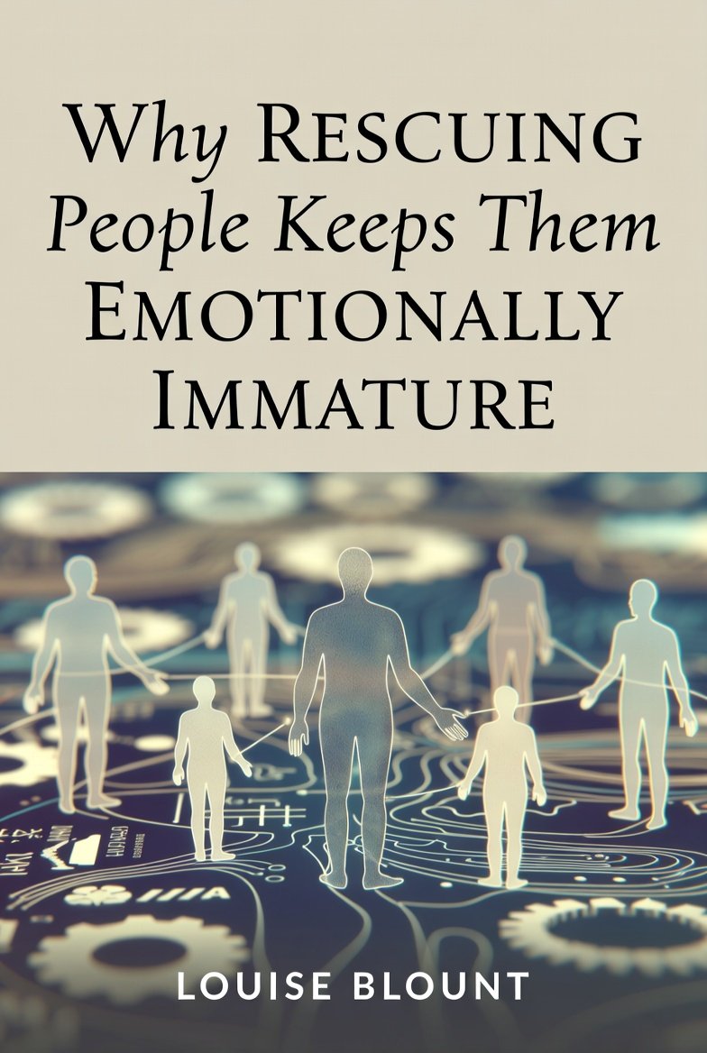 Book cover titled “Why Rescuing People Keeps Them Emotionally Immature” by Louise Blount featuring abstract human figures connected by lines over a circuit-like background.