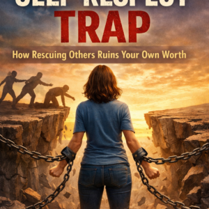 A woman stands between two cliffs breaking chains from her wrists while shadow figures behind her reach for help, symbolizing boundaries and reclaiming self-respect.