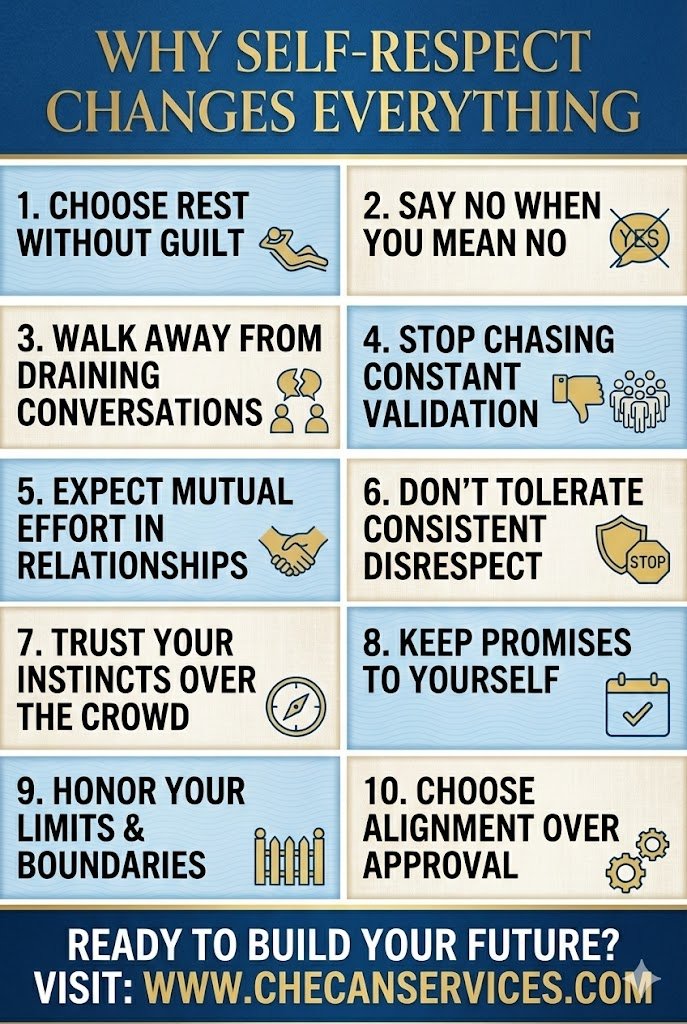 Infographic titled “Why Self-Respect Changes Everything” listing 10 habits such as setting boundaries, saying no, honoring limits, and choosing alignment over approval.