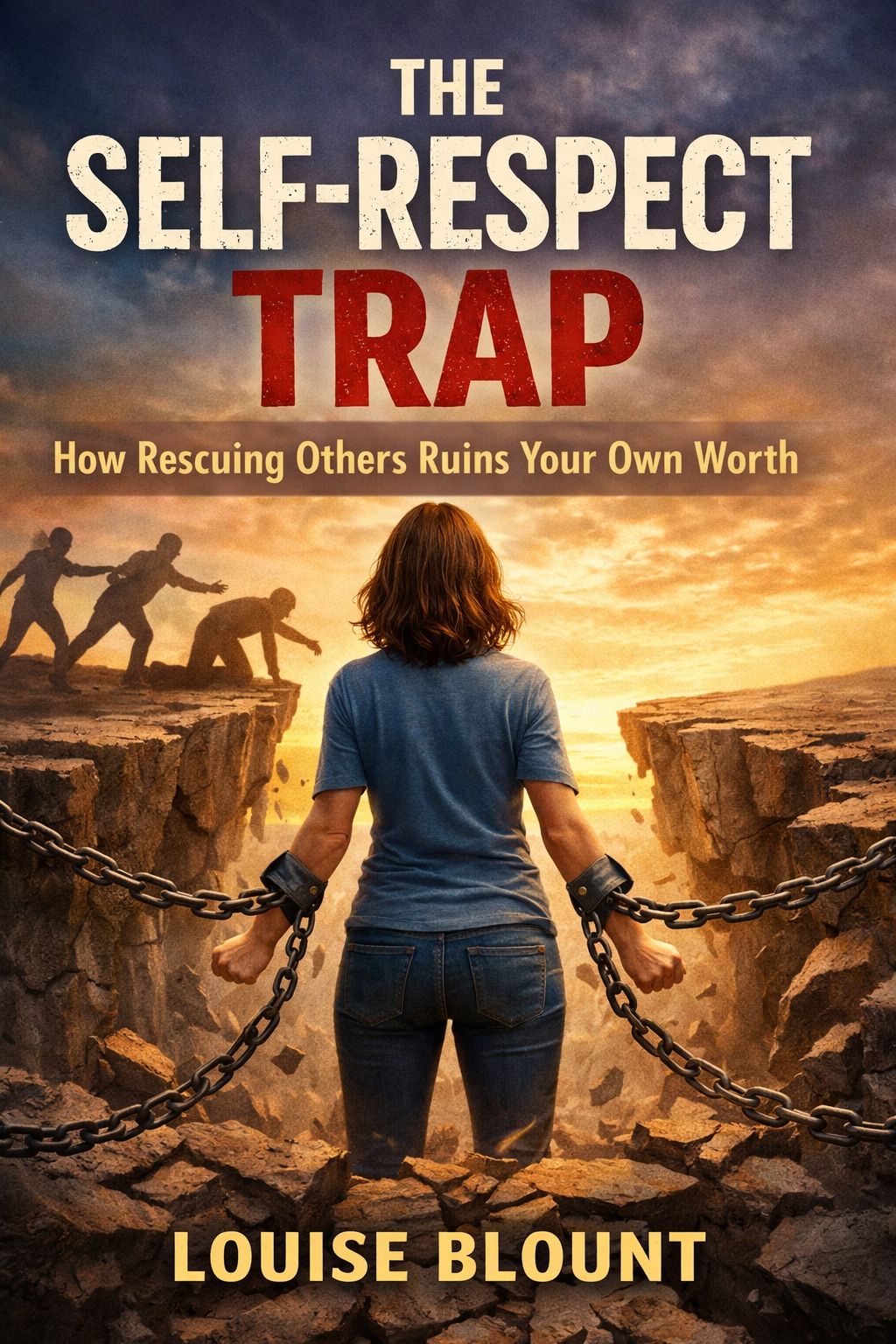 A woman stands between two cliffs breaking chains from her wrists while shadow figures behind her reach for help, symbolizing boundaries and reclaiming self-respect.