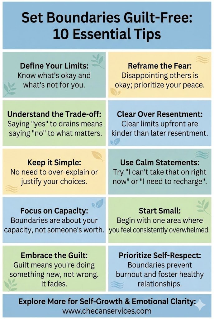 Infographic titled “Set Boundaries Guilt-Free: 10 Essential Tips” showing practical advice for setting healthy boundaries, including defining limits, using calm statements, and prioritizing self-respect.