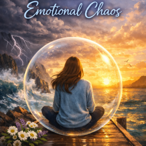 A woman sits calmly inside a glowing transparent sphere on a wooden dock, facing a dramatic split seascape—stormy waves and lightning on one side, peaceful sunset waters on the other. The book title “How to Stay Caring While Refusing Emotional Chaos” appears above, with the author name Louise Blount below.