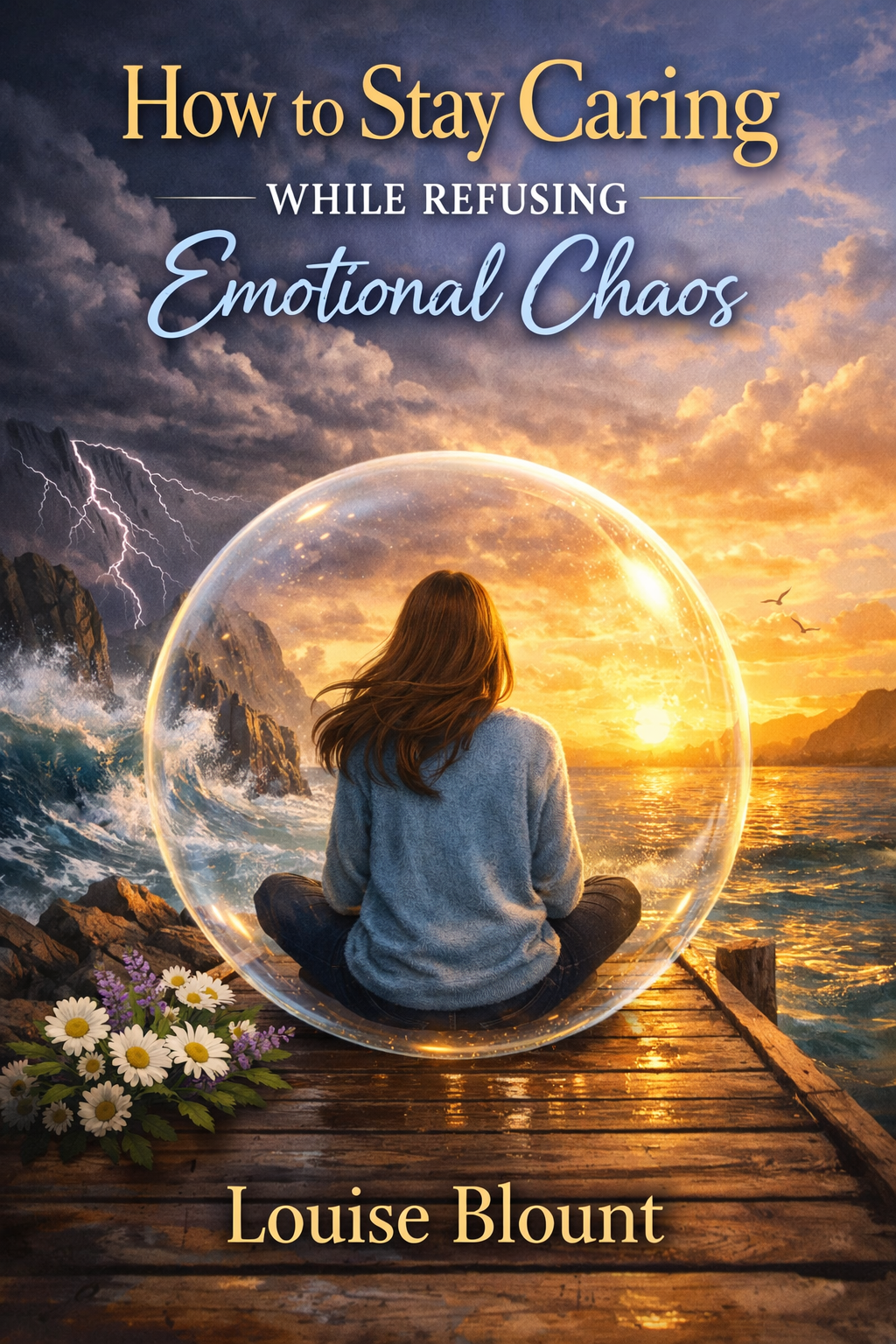 A woman sits calmly inside a glowing transparent sphere on a wooden dock, facing a dramatic split seascape—stormy waves and lightning on one side, peaceful sunset waters on the other. The book title “How to Stay Caring While Refusing Emotional Chaos” appears above, with the author name Louise Blount below.