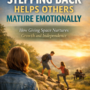 Book cover for Why Stepping Back Helps Others Mature Emotionally by Louise Blount, featuring a sunset mountain scene where a woman watches from behind as a young man helps another woman climb rocky terrain, symbolizing guidance and independence.