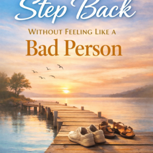Book cover titled "How to Step Back Without Feeling Like a Bad Person" by Louise Blount featuring a wooden dock at sunset with shoes and sandals overlooking a calm lake.