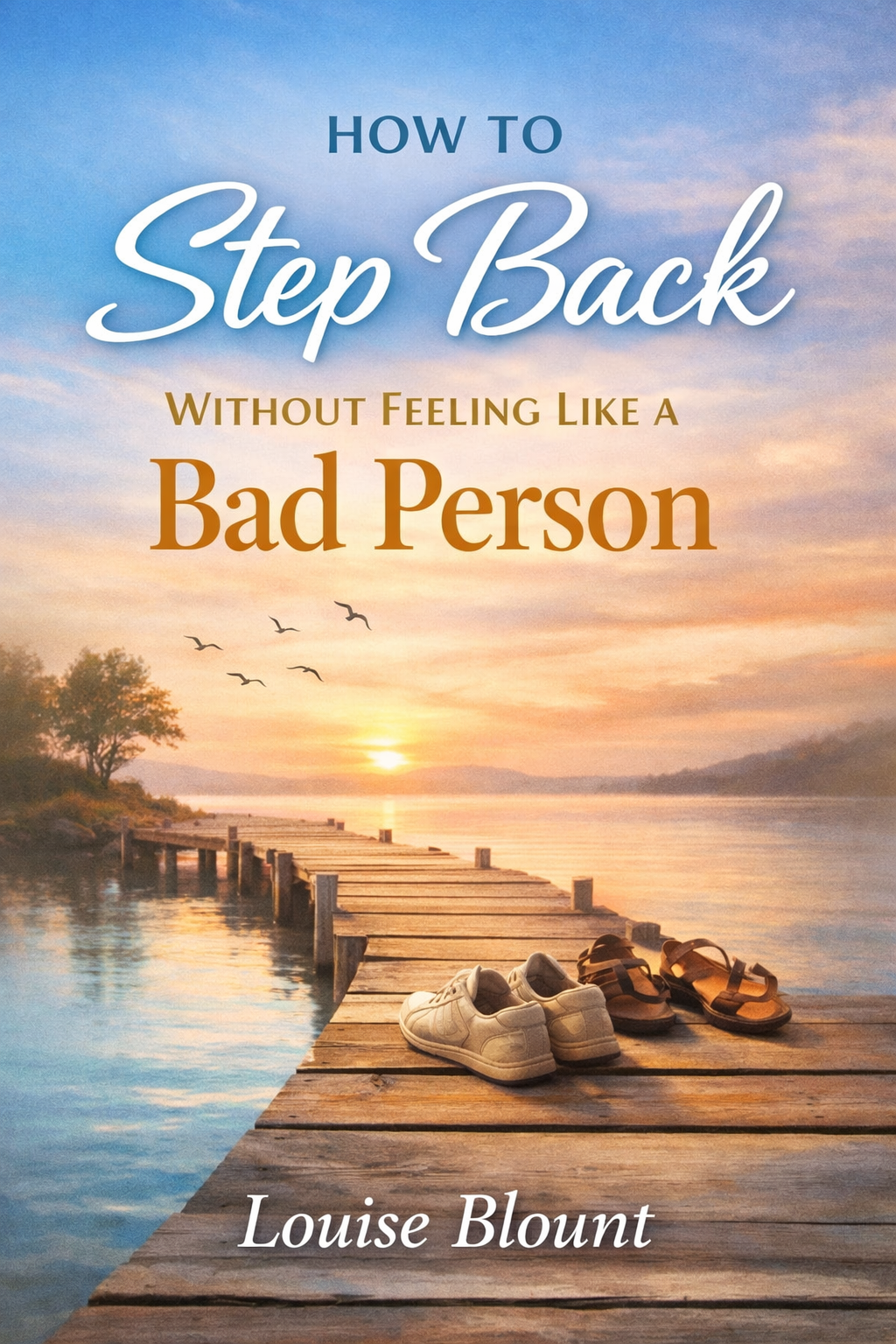 Book cover titled "How to Step Back Without Feeling Like a Bad Person" by Louise Blount featuring a wooden dock at sunset with shoes and sandals overlooking a calm lake.