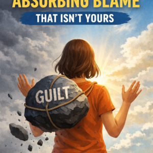 Illustrated book cover showing a woman dropping a large rock labeled “GUILT” from her shoulders as stormy clouds part into sunlight, symbolizing emotional release. Title reads How to Stop Absorbing Blame That Isn’t Yours by Louise Blount.