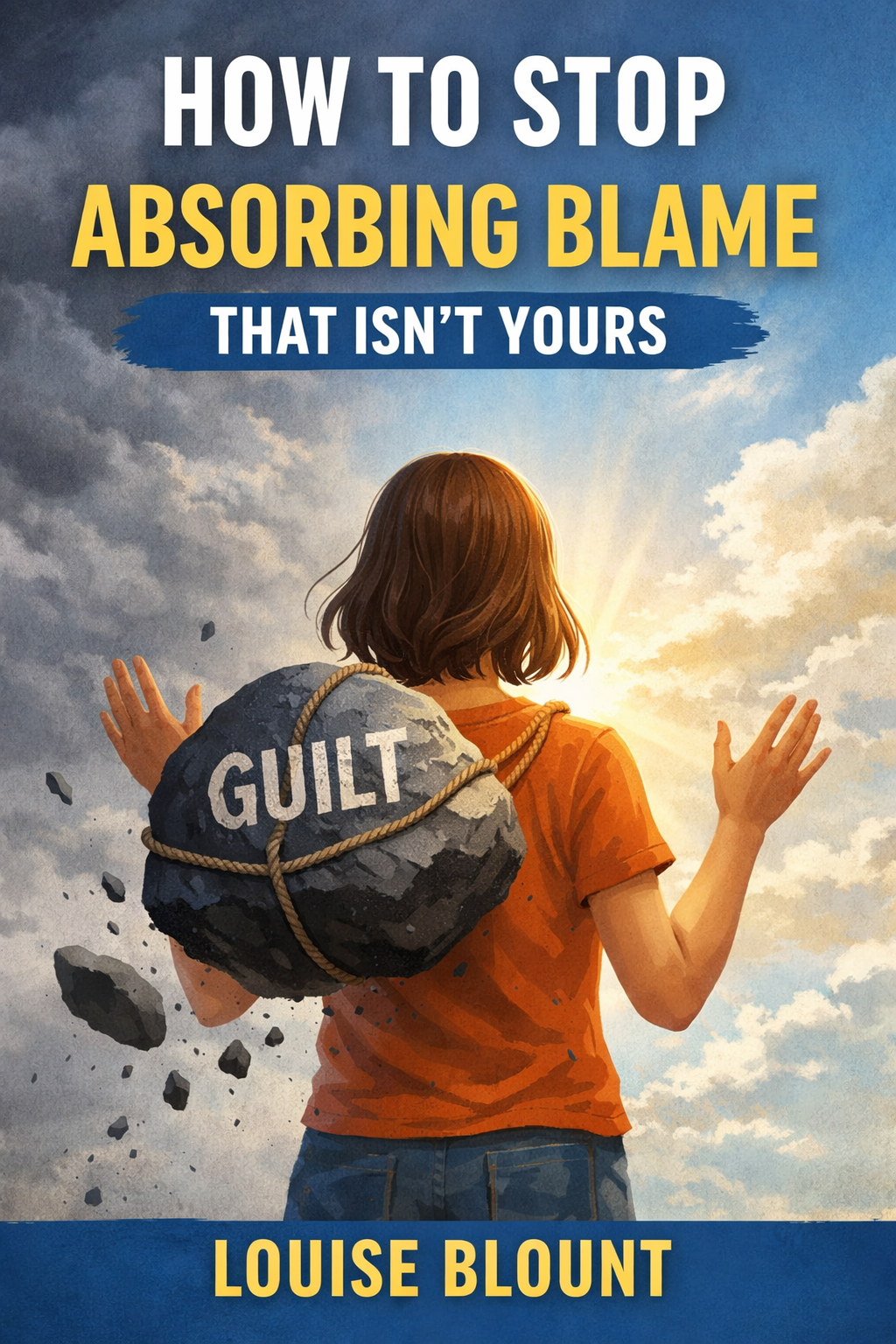 Illustrated book cover showing a woman dropping a large rock labeled “GUILT” from her shoulders as stormy clouds part into sunlight, symbolizing emotional release. Title reads How to Stop Absorbing Blame That Isn’t Yours by Louise Blount.