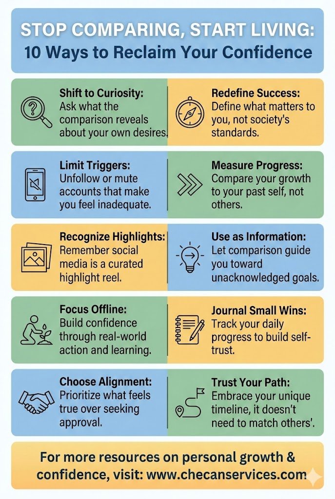 Infographic titled “Stop Comparing, Start Living: 10 Ways to Reclaim Your Confidence” with tips for reducing comparison, building self-trust, defining personal success, and focusing on individual growth.