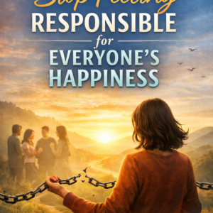 Illustrated book cover showing a person standing on a hill at sunrise holding a broken chain, symbolizing emotional freedom, with the title “How to Stop Feeling Responsible for Everyone’s Happiness” and the author name Louise Blount.