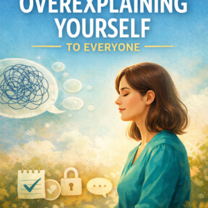 Book cover titled "How to Stop Overexplaining Yourself to Everyone" by Louise Blount featuring a calm woman with closed eyes and a thought bubble illustration symbolizing clarity and boundaries.