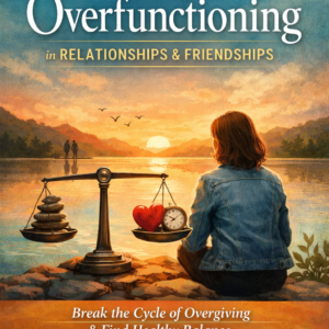Book cover titled “Stop Overfunctioning in Relationships & Friendships” by Louise Blount, featuring a woman by a lake at sunset with balanced scales symbolizing healthy boundaries and emotional balance.