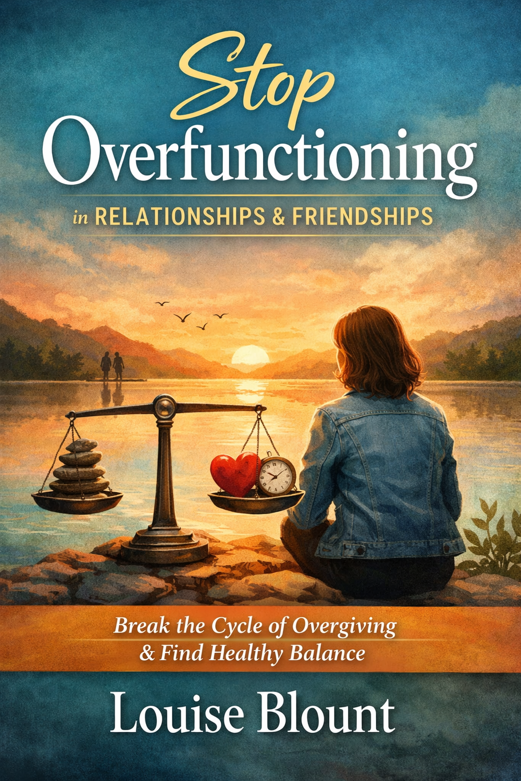 Book cover titled “Stop Overfunctioning in Relationships & Friendships” by Louise Blount, featuring a woman by a lake at sunset with balanced scales symbolizing healthy boundaries and emotional balance.