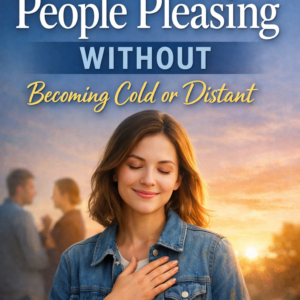 Professional self-help book cover titled Stop People Pleasing Without Becoming Cold or Distant by Louise Blount, featuring a calm woman with her hand over her heart at sunset, with soft blue and gold tones and bold, clear typography.