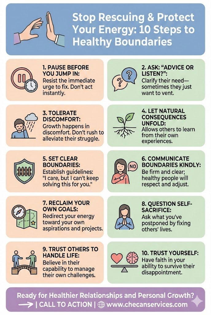 Infographic titled “Stop Rescuing & Protect Your Energy: 10 Steps to Healthy Boundaries” with illustrated tips on setting boundaries, self-care, and personal growth.