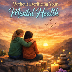 Book cover titled “Support Others Without Sacrificing Your Mental Health” by Louise Blount featuring two women sitting together on a cliff at sunset overlooking a peaceful mountain valley.