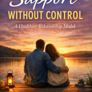 A romantic book cover showing a couple sitting closely together on a wooden dock at sunset, overlooking a calm lake with warm golden light reflecting on the water. A lantern glows beside them. The title “Support Without Control: A Healthier Relationship Model” appears at the top, with the author name Louise Blount at the bottom.