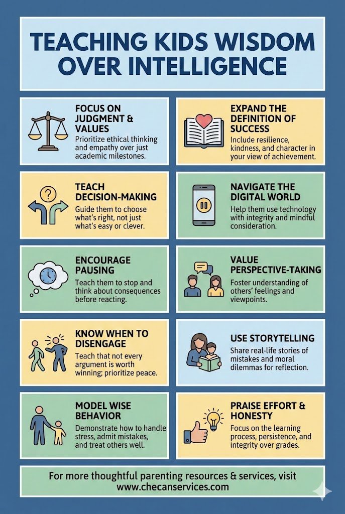 Infographic titled “Teaching Kids Wisdom Over Intelligence” highlighting parenting strategies like ethical judgment, decision-making, empathy, digital integrity, storytelling, and praising effort over grades.