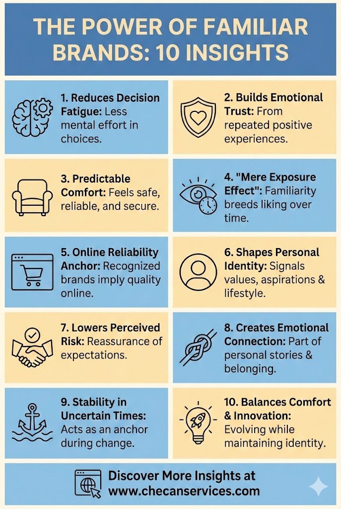 Infographic titled “The Power of Familiar Brands: 10 Insights” highlighting benefits like reduced decision fatigue, emotional trust, predictable comfort, brand reliability, and emotional connection.