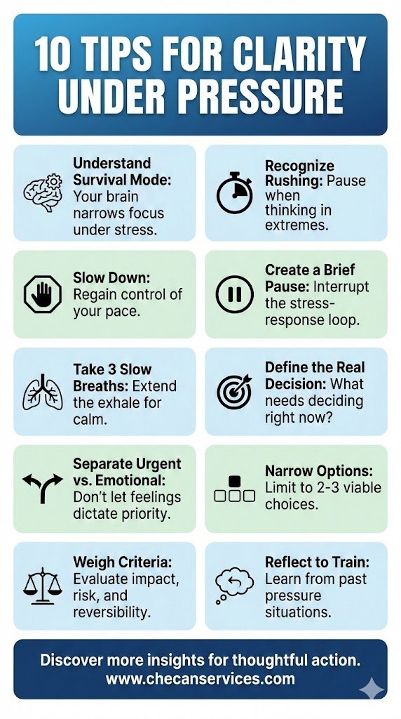 Infographic titled “10 Tips for Clarity Under Pressure” with practical strategies to slow down, manage stress, and make clear decisions in high-pressure situations.
