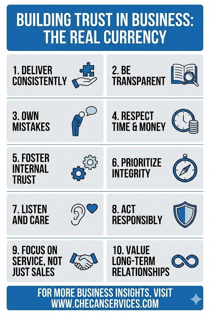 Infographic on building trust in business, outlining ten principles like transparency, integrity, consistency, and long-term relationships.