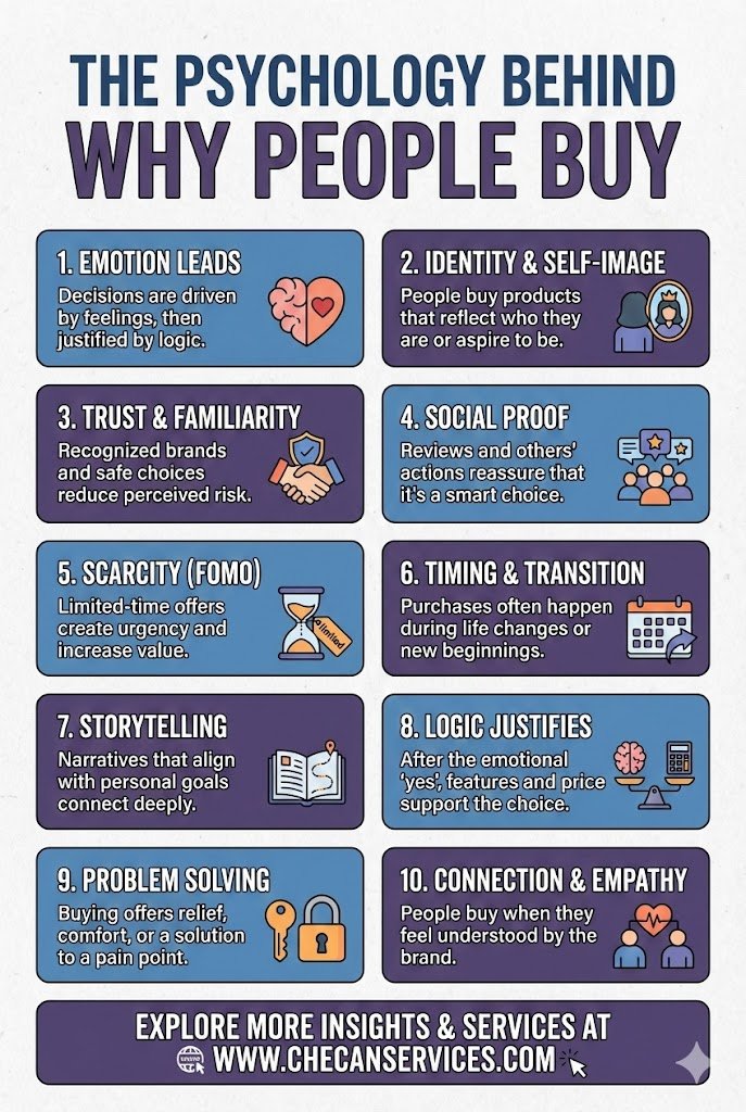 Infographic explaining the psychology behind why people buy, highlighting emotion, trust, social proof, scarcity, and problem solving.