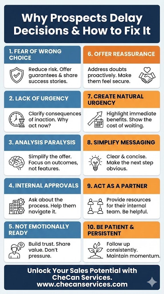Infographic titled “Why Prospects Delay Decisions & How to Fix It” listing 10 sales strategies to overcome buyer hesitation, reduce risk, create urgency, simplify messaging, and increase conversions.