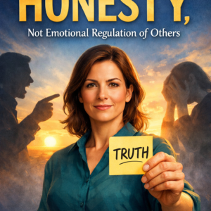 Book cover featuring a confident woman holding a sticky note labeled “TRUTH,” with silhouettes of emotional reactions in the background and the title “Your Job is Honesty, Not Emotional Regulation of Others” by Louise Blount displayed prominently.