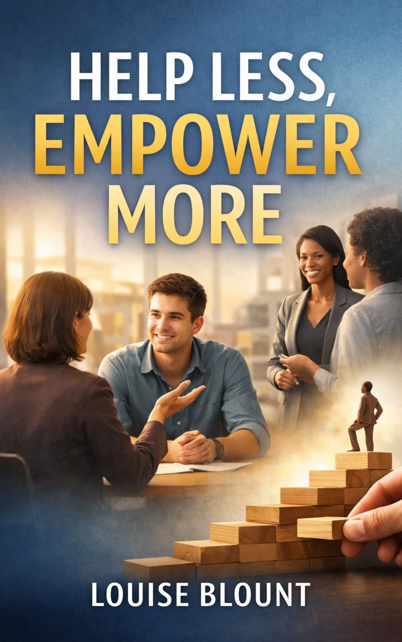 Professional book cover titled “Help Less, Empower More” by Louise Blount, featuring bold white and gold typography over a blue gradient background, with business professionals in conversation and a hand stacking wooden blocks into ascending steps symbolizing growth and empowerment.