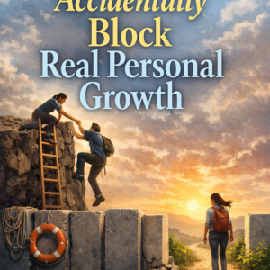 A self-help book cover titled “How Rescuers Accidentally Block Real Personal Growth” by Louise Blount, featuring a sunset scene where one person helps another climb a rocky ledge while a woman walks independently toward an open path, symbolizing the contrast between rescuing and self-led growth.
