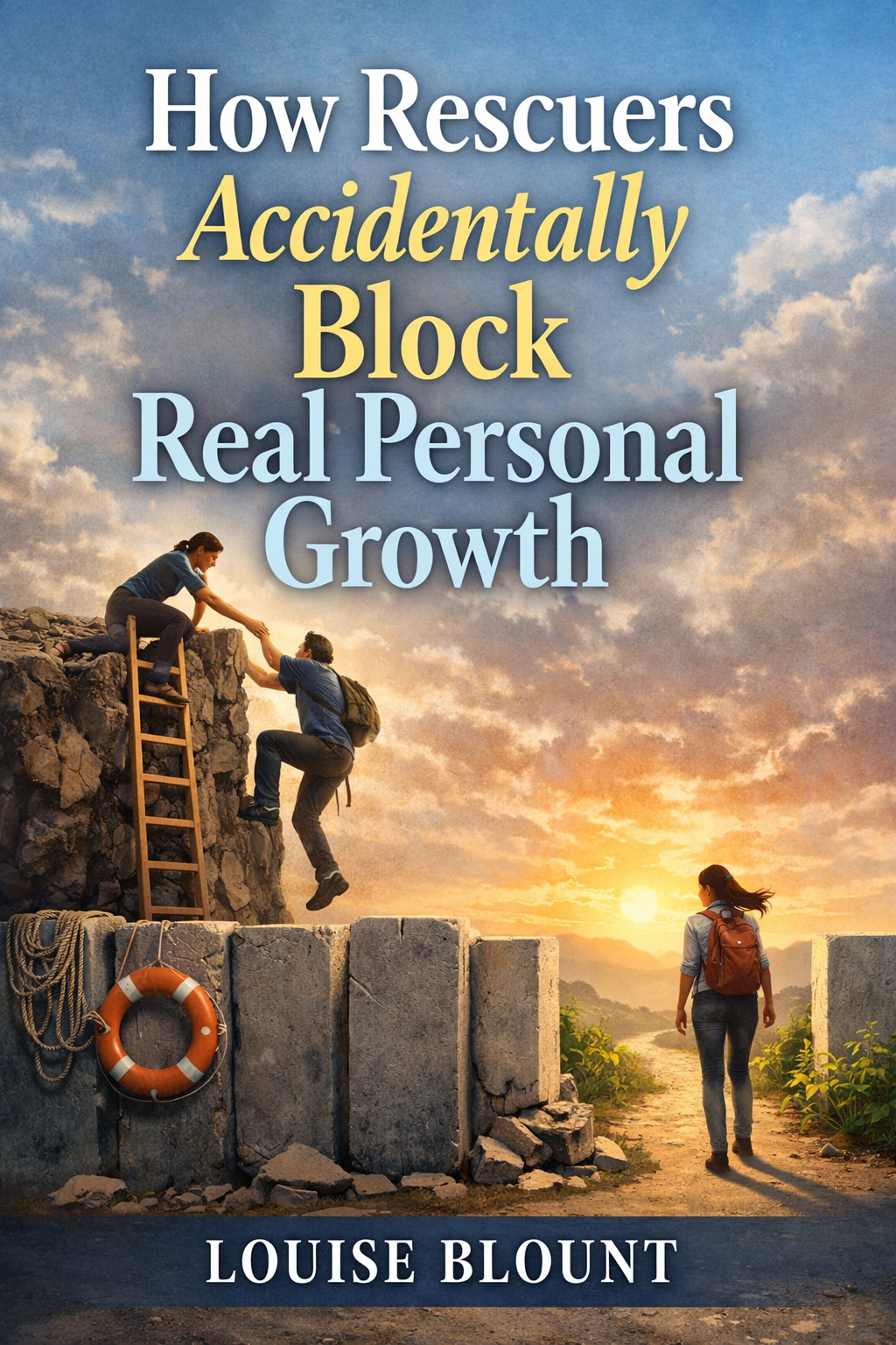 A self-help book cover titled “How Rescuers Accidentally Block Real Personal Growth” by Louise Blount, featuring a sunset scene where one person helps another climb a rocky ledge while a woman walks independently toward an open path, symbolizing the contrast between rescuing and self-led growth.